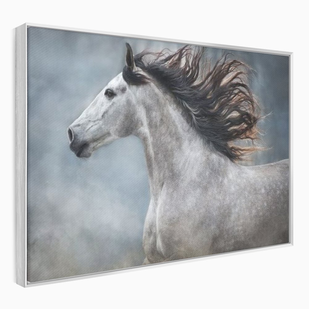 Tablou canvas cu tablou canvas cu armasar in miscare, in rama de aluminiu argintiu